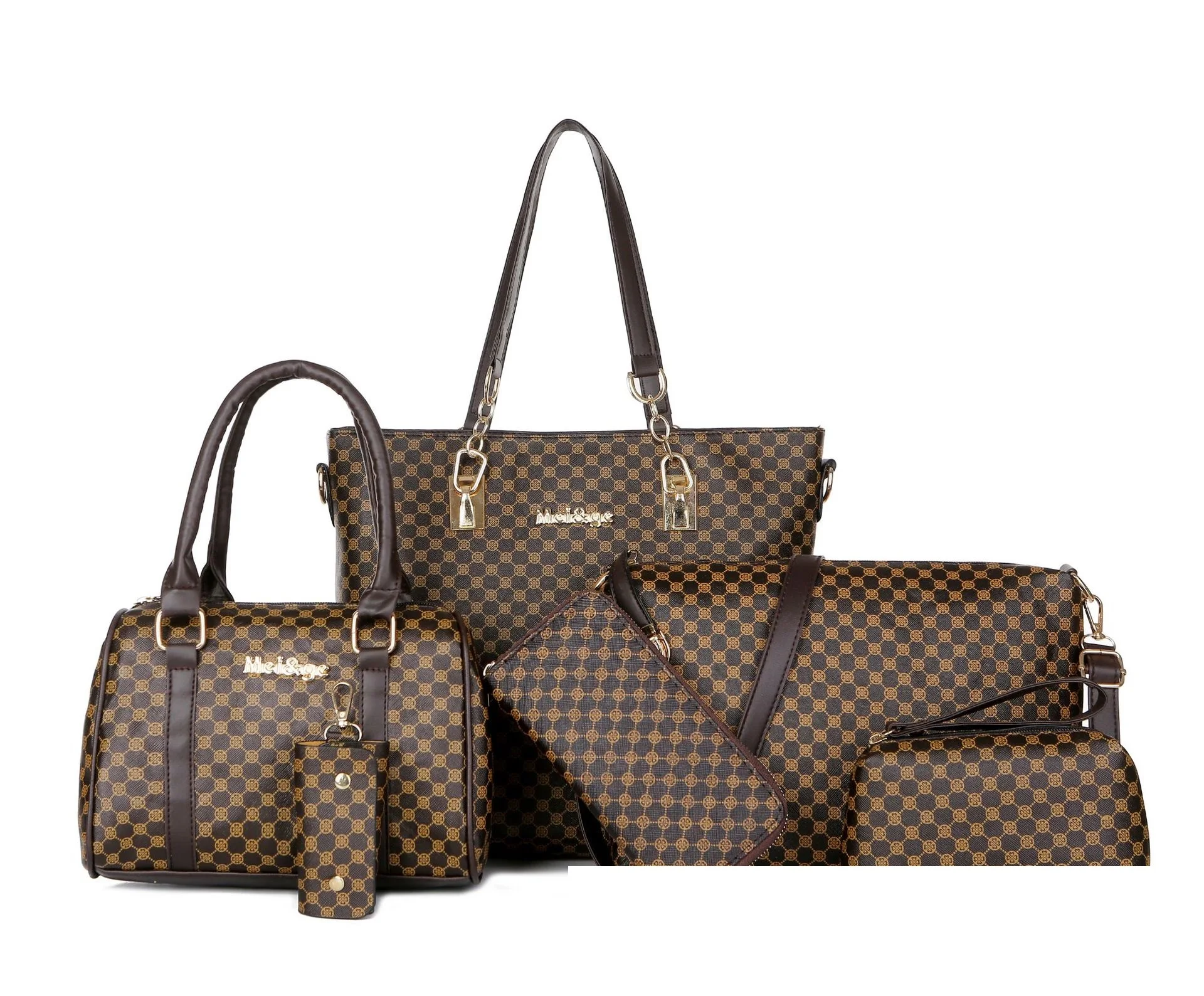 Wholesale Women Trendy Shoulder Tote Hand Bags 6 Piece Set Printed pattern Leather Purses And Handbags