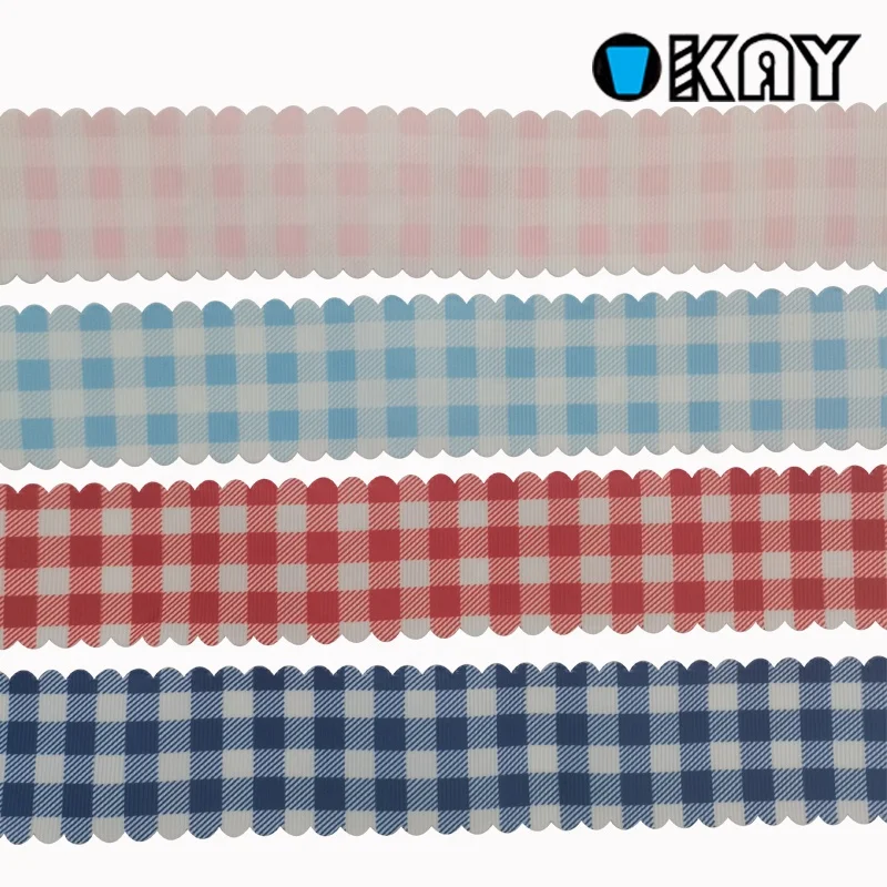 OKAY Customized Character White Grosgrain weave Gingham Check Scalloped Streamer for Hair Bow