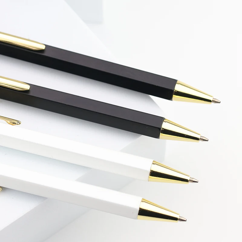 Custom logo projector hexagonal click metal ball pen wholesale products office advertising logo pen with gold trims