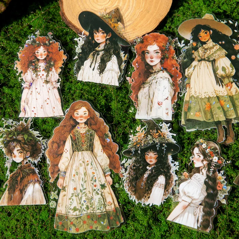 PET Stickers Magic Girl Series Vintage Forest Waterproof Decoration Custom Stickers for Diary Mr. Paper 10 Pcs / Set
