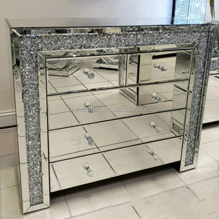 Silver Crush Diamond Furniture Mirrored Chest Of Drawers (1600055794212)