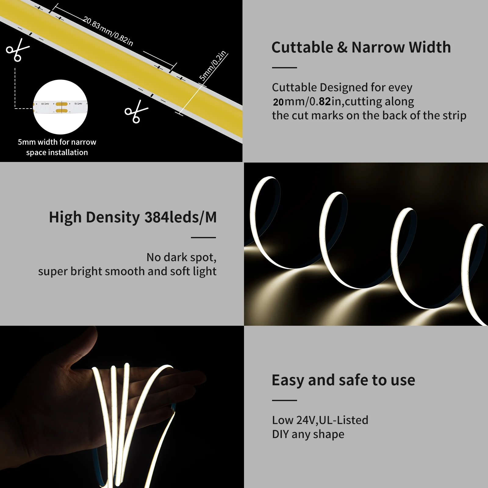 5mm Ultra Slim COB LED Strip 384LEDs/m 12V/24V High Density RA90 3000K Flexible Linear Dimmable Super Thin COB LED Tape Light