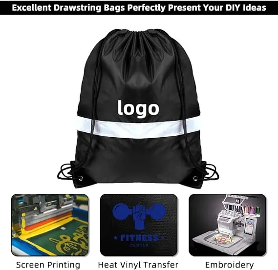 Custom Supermarket Sports Bag Nylon Recycled Foldable Women Men Reflective Drawstring Backpack Logo