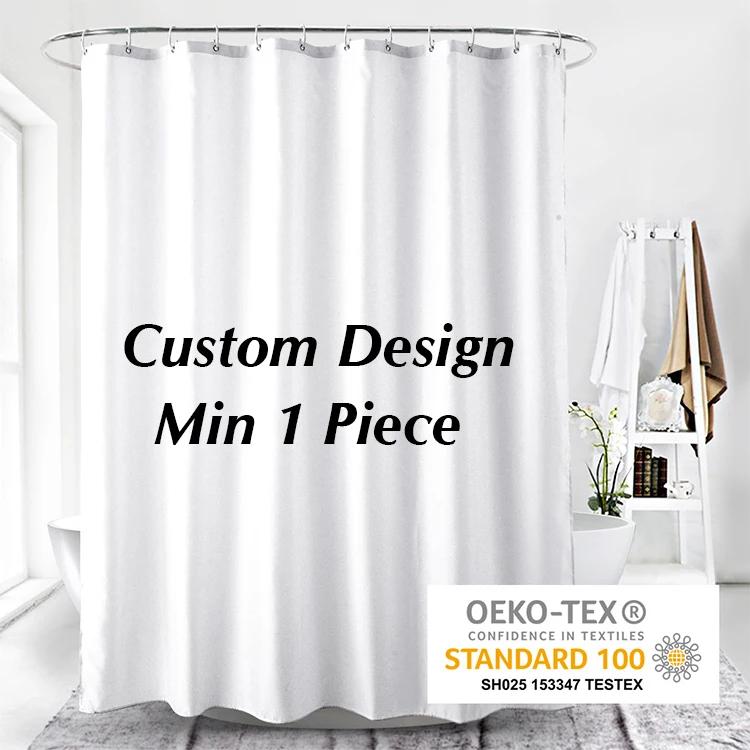 Bathroom polyester folding custom printed shower curtain hookless