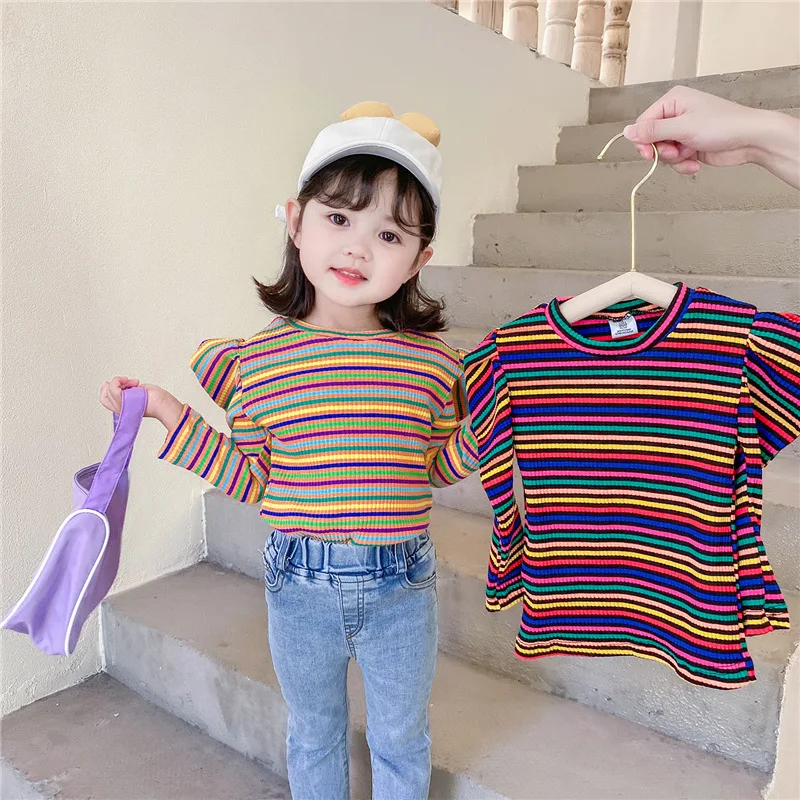 
autumn baby girls colorful tops striped kids rainbow tops casual solid puff sleeve fashion wholesale children clothing 