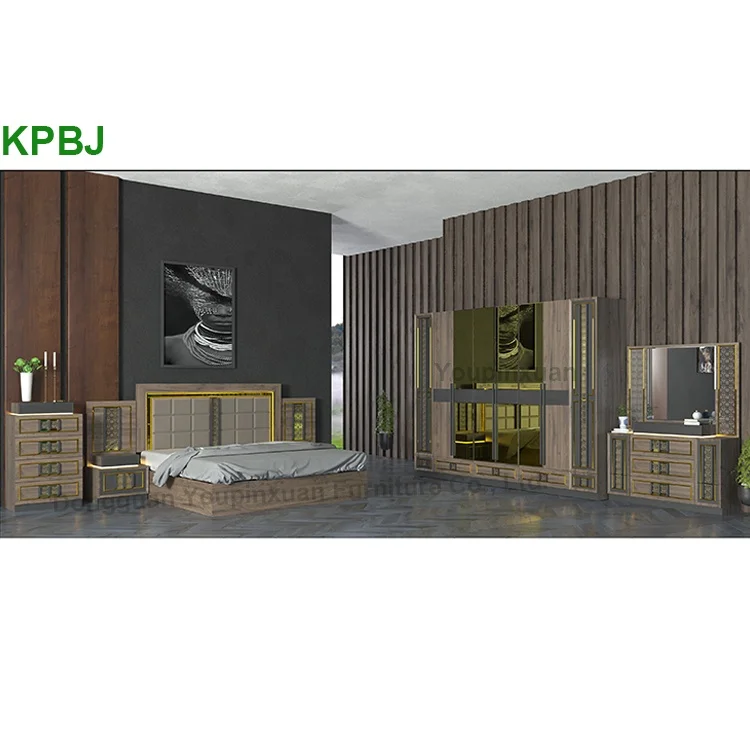 
Turkish Style 6 Pieces King Size Golden Bedroom Suites Luxury Bedroom Furniture Set 