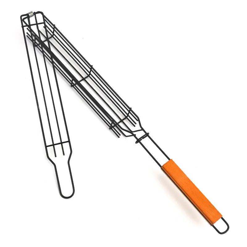 BSCI Factory Outdoor Barbecue Tool Grill hot dog Sausage clip Iron Art Wood Handle Grill Corn BBQ Mesh clip