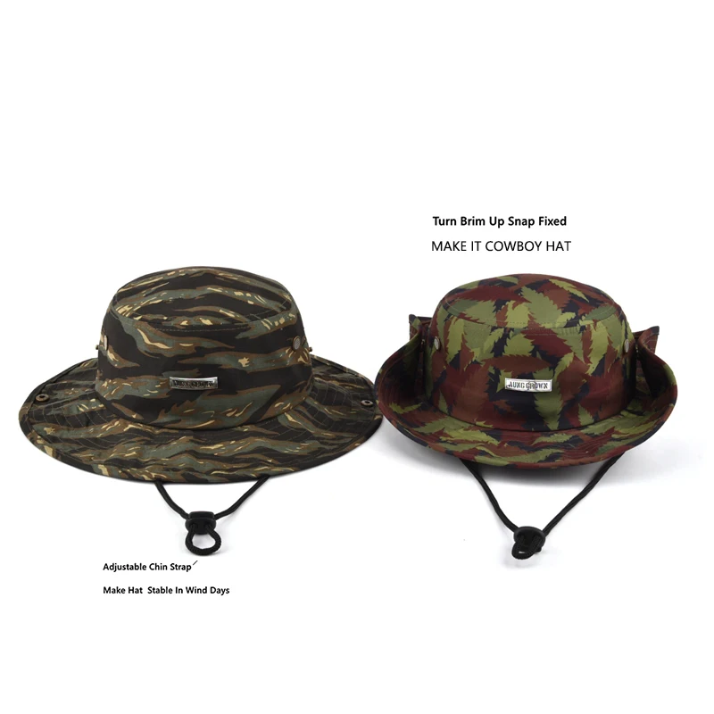 Outdoor Boonie Sun Hat Foldable Custom Camo Fisherman Women Men Cowboy Wide Brim Hiking Safari Summer Bucket Hats with Strings