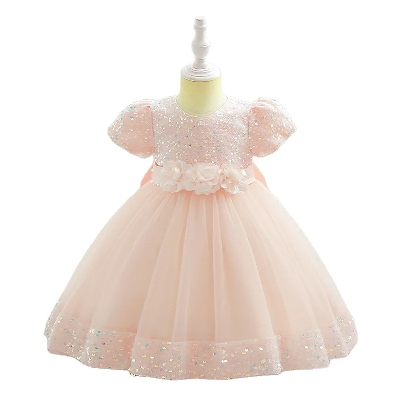 Wholesale Summer Wedding Party Dresses Elegant Sequins Bow Cake Girl Lace Mesh Dresses