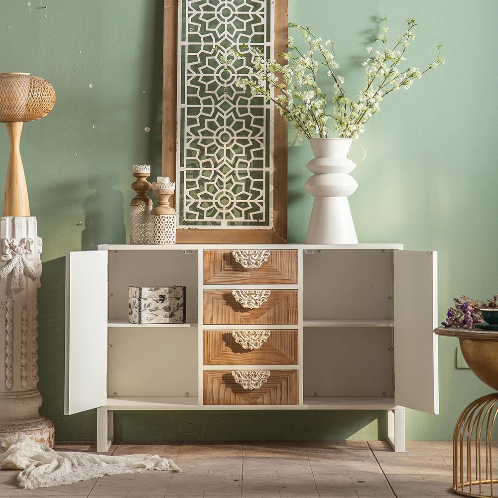 High Quality Kitchen Cabinets Retro Design Glass Door Accent Solid Wooden Cabinet With Drawers Modern Living Room Cabinets