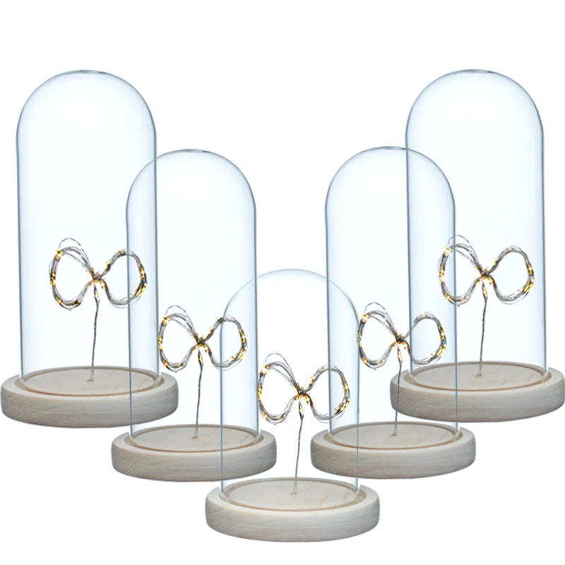 Оптовая продажа с завода, прозрачный декоративный стеклянный колокольчик ручной работы, стеклянный купол в форме колокольчика, светодиодный стеклянный купол с деревянной основой