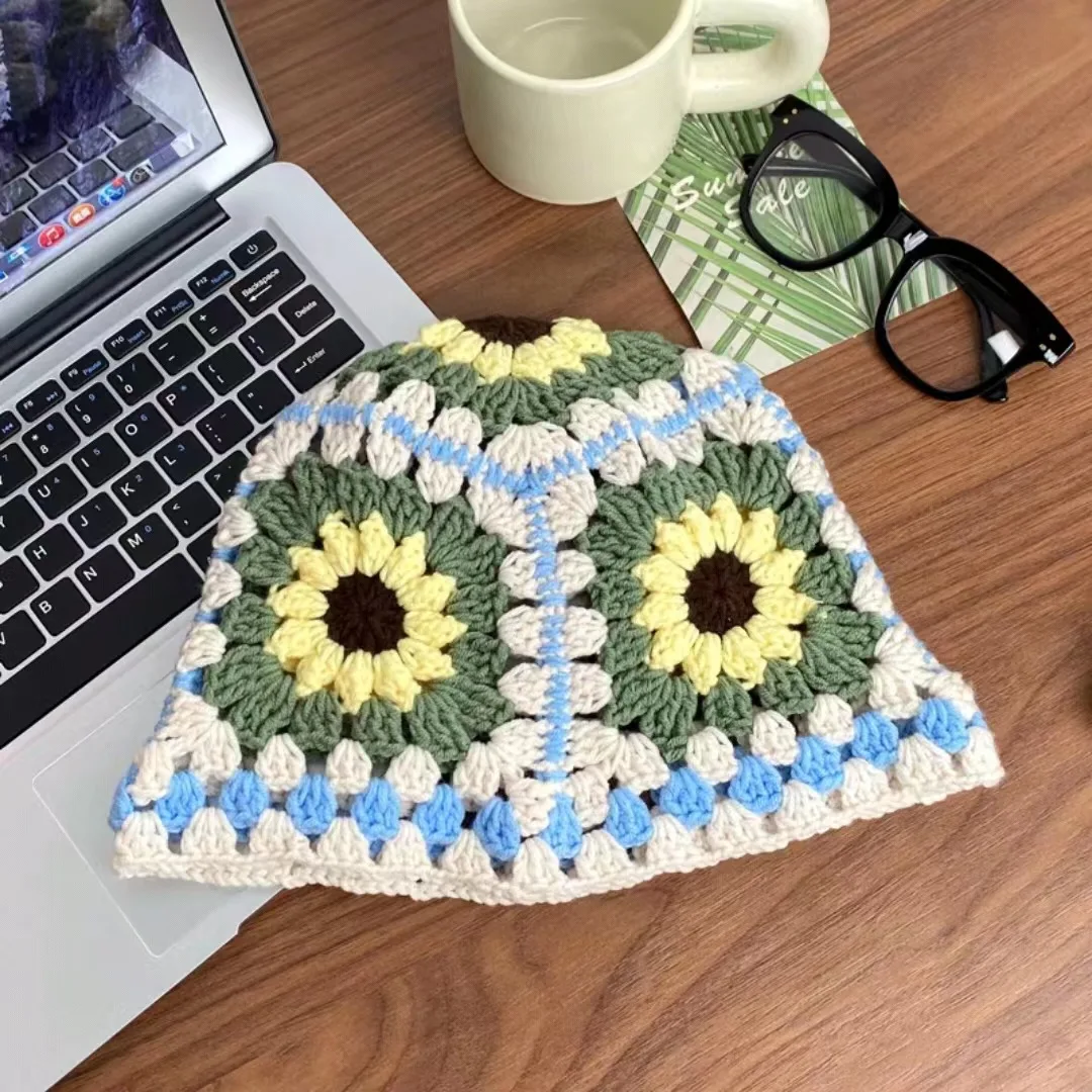 New Design Hand Color Check Flower Knitted Fisherman Hat Cute Ruffle Brimmed Crochet Bucket Hats