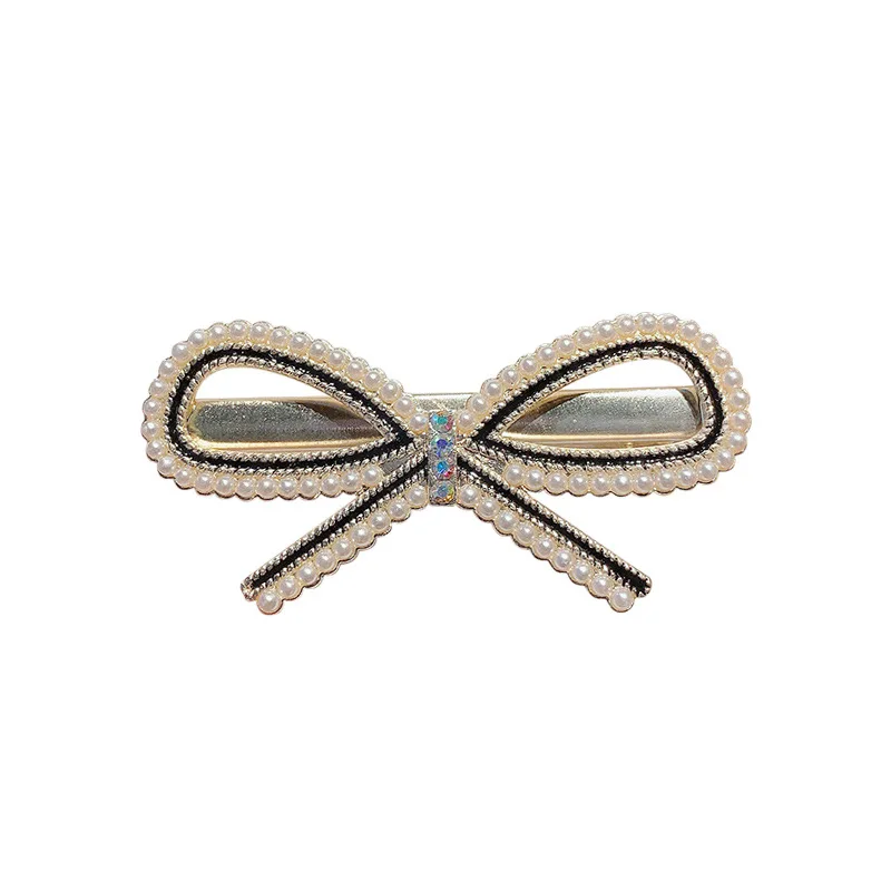 Wholesale bow hairpin side clip duck bill clamp pearl  metal hair accessories for girl