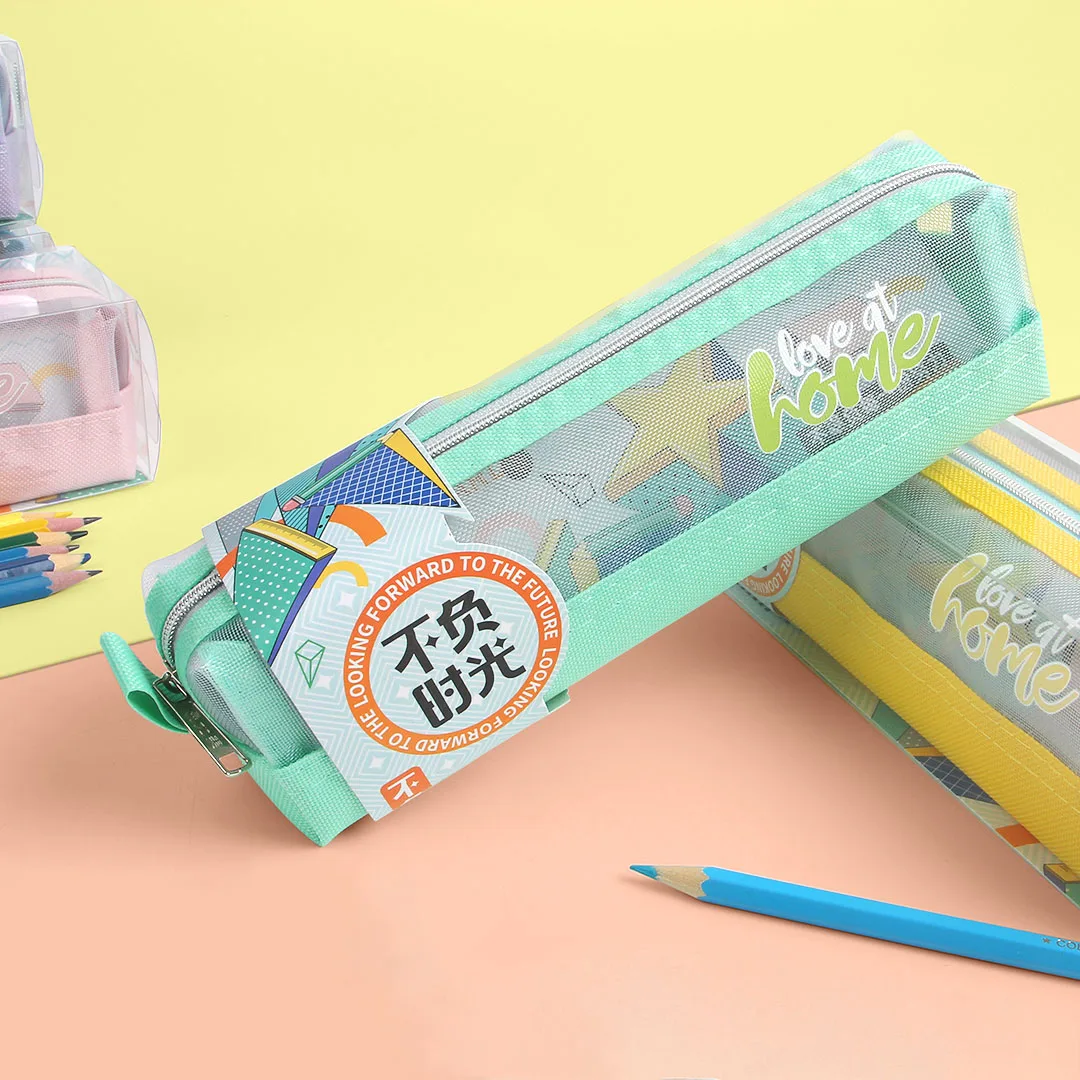 Wholesale Low Price Custom Logo Cartoon Cute Mesh Oxford Fabric School Pencil bag Color Pencil Case Creative Pen Case Pouch