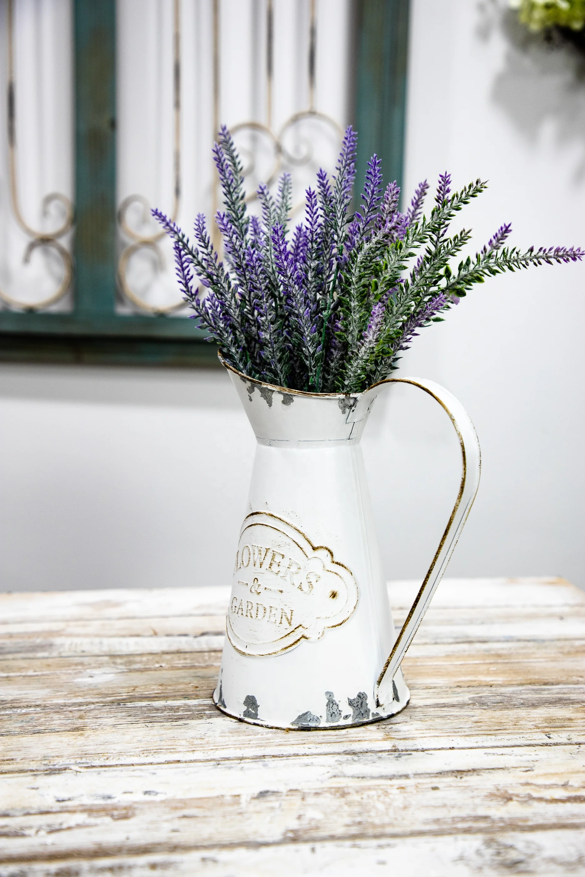  2022 Metal Farmhouse Pitcher Flower Vase Vintage Galvanized Jug Shabby Chic Rustic Decorative Holder for Home