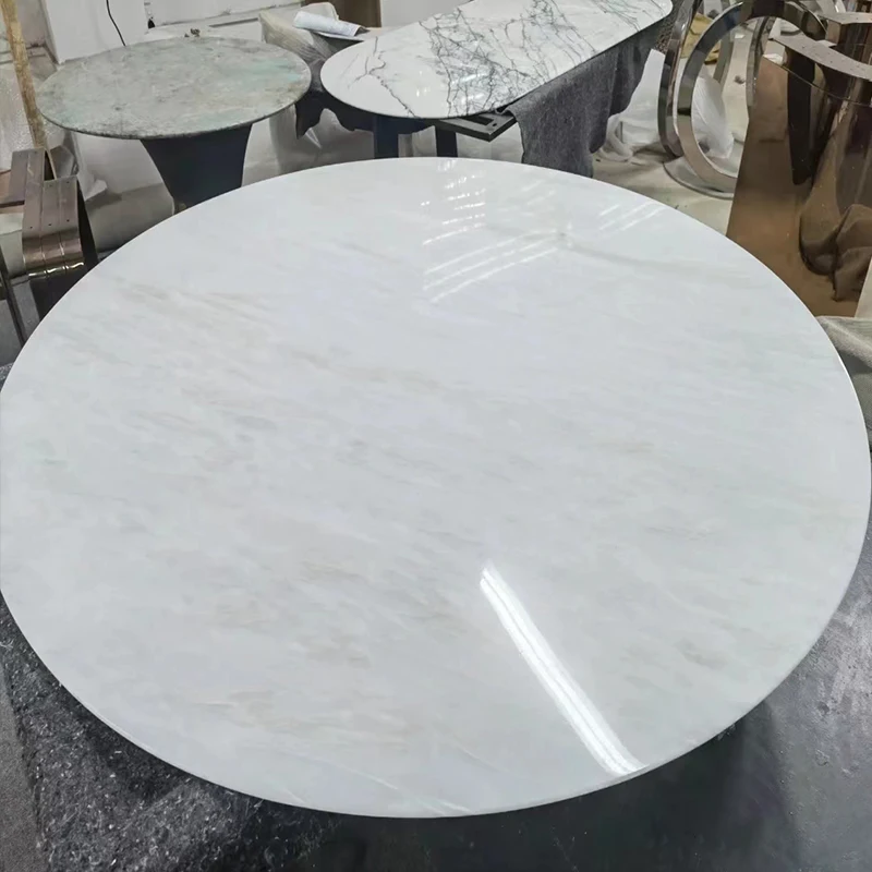 TMZ OEM/ODM Cary Ice Marble White Stone Table Top Customized Coffee Tables Mable Dining Table with Steel Base