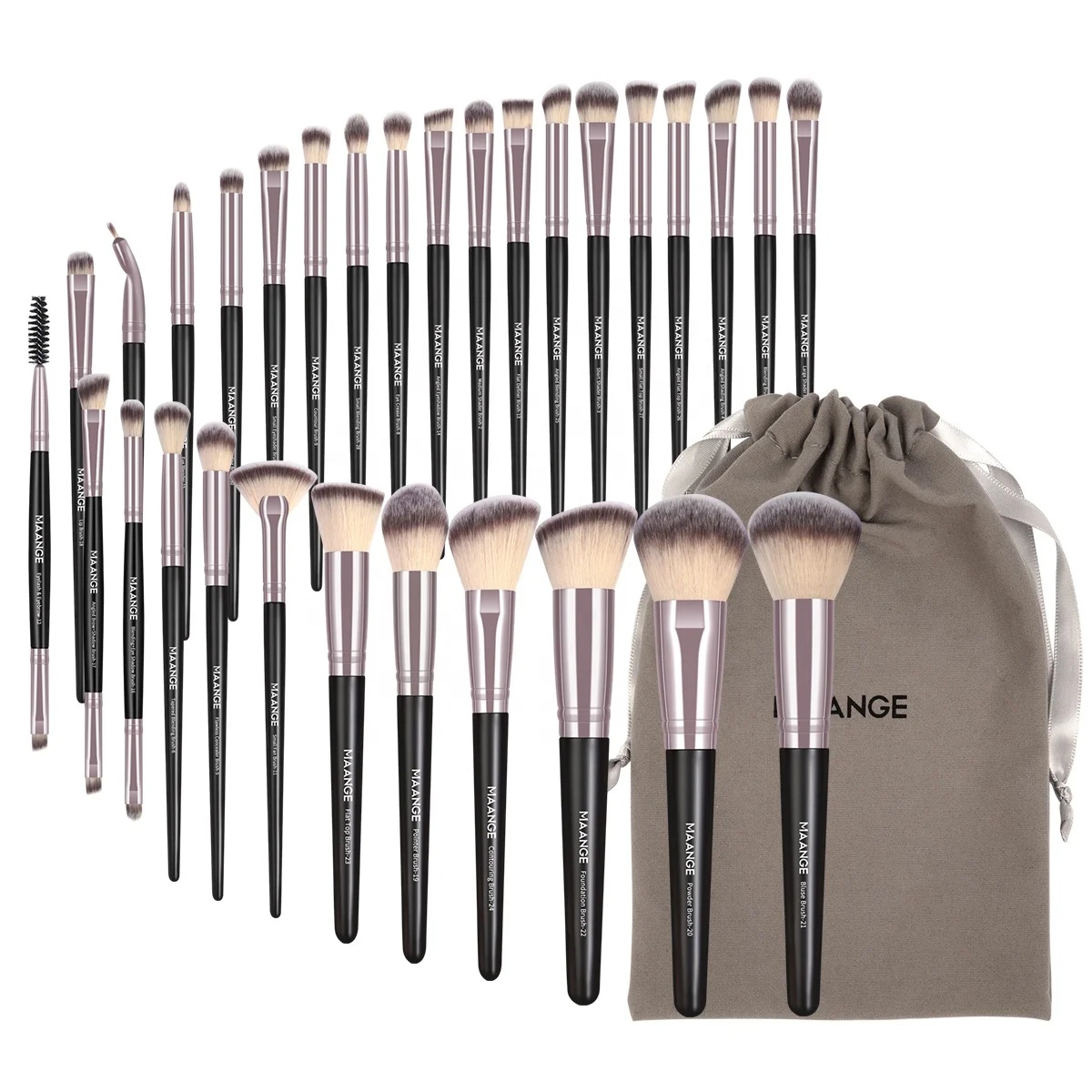 MAANGE private label 30 pcs wholesale makeup brushes high quality silks bags pink foundation cosmetic brush set