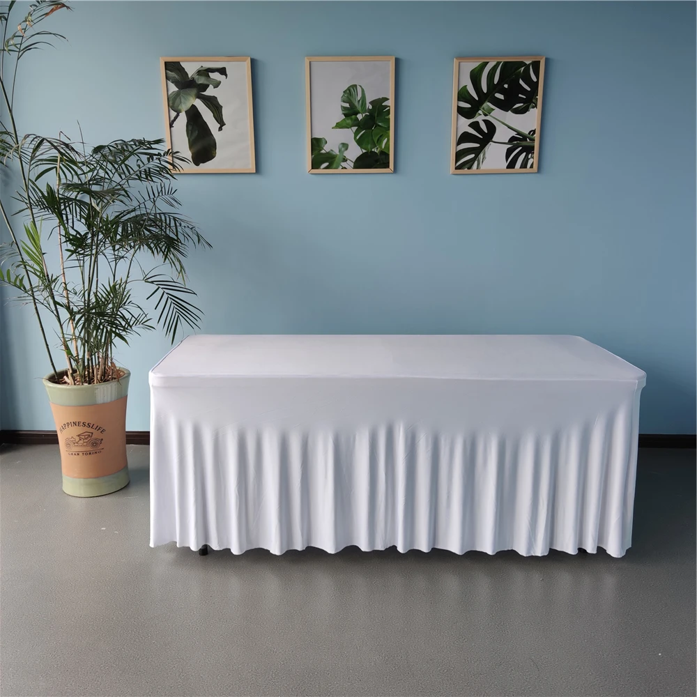 White Rectangle Polyester Banquet Elastic Stretch Table Cover Spandex Wedding Table Skirt