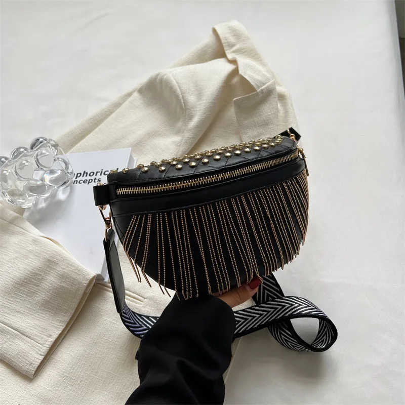 Women Fanny Pack Rivet Casual Shoulder Bag Broadband Chest Bag Tassel Female Bag  DOM107