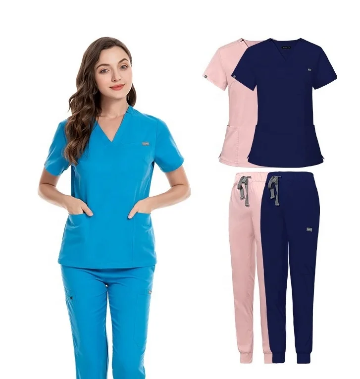 oem logo nurse uniforms for women men scrubs suits v neck short sleeve doctor hospital uniform sets top jogger pants scrubs