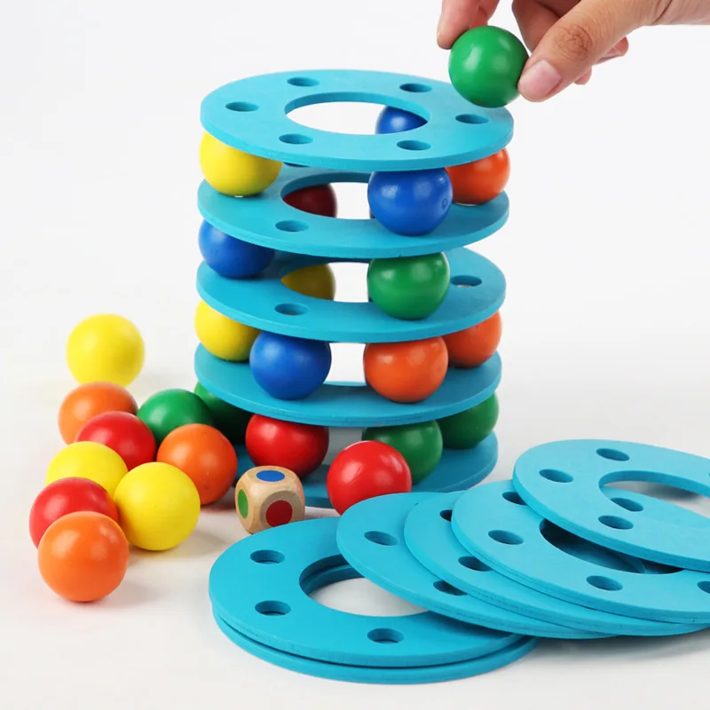 Wooden Rainbow Balls Tower Toys Montessori Rainbow Stacker Balls Building Blocks Learning Color Sensory Educational Toy for Kids