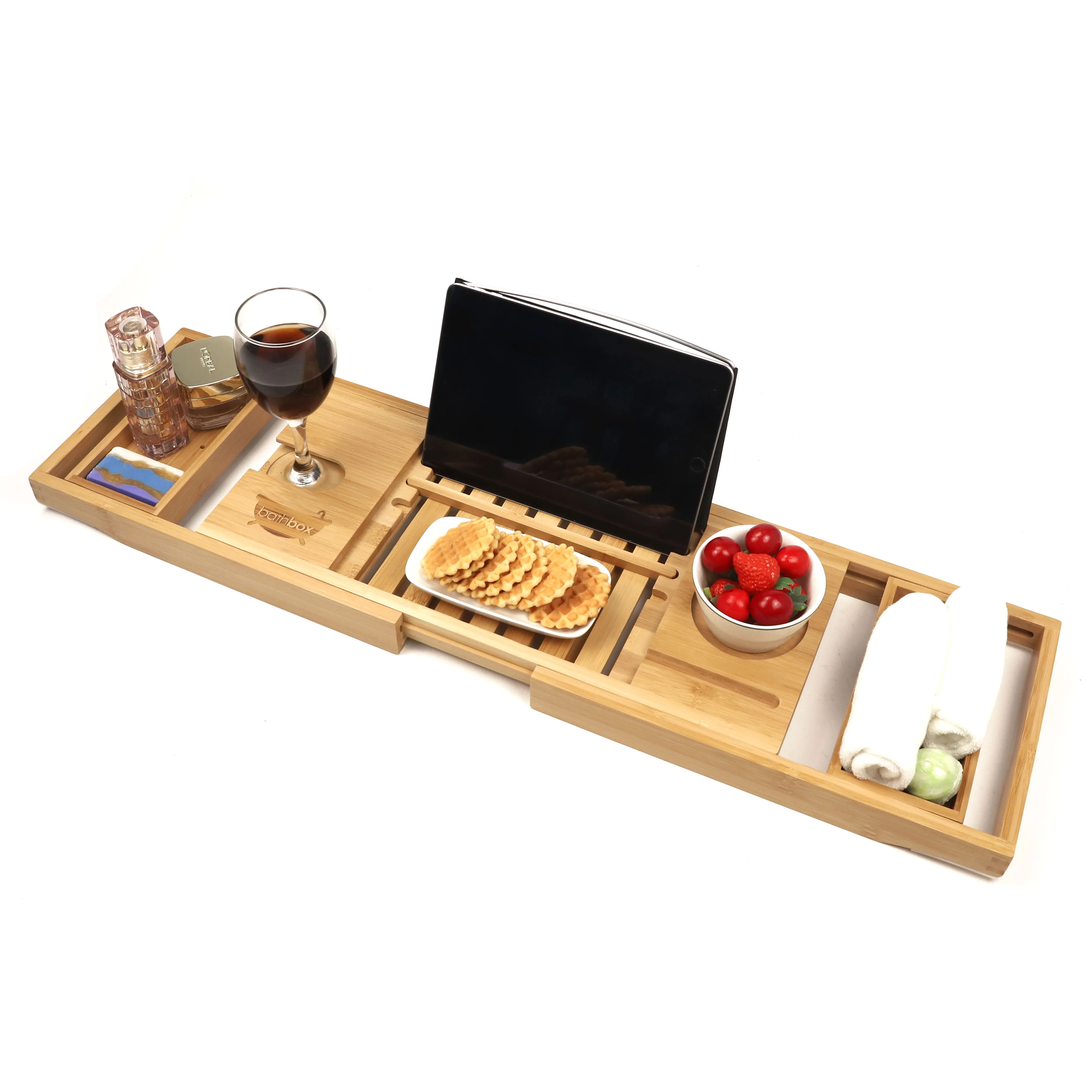
Eco-friendly Adjustable Luxury Bamboo Wooden Bathroom Bath Caddy Tray Bathtub Board and Caddy with Extend Side 