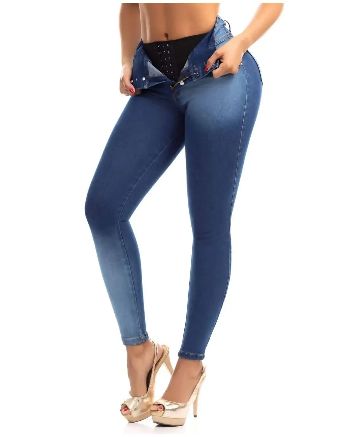Colombian Butt Lift Jeans with Internal Girdle Jeans Denim Straight Leg Corset Jean High Waist with Super Lipo Spandex Medium
