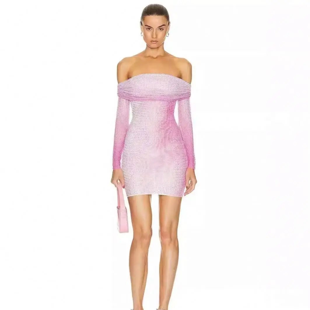 Cross-Border Independent Station Spring Hot Rhinestone Pink Gradient Off-Shoulder Off-Neck Dress Hot Sweetheart Party Dress