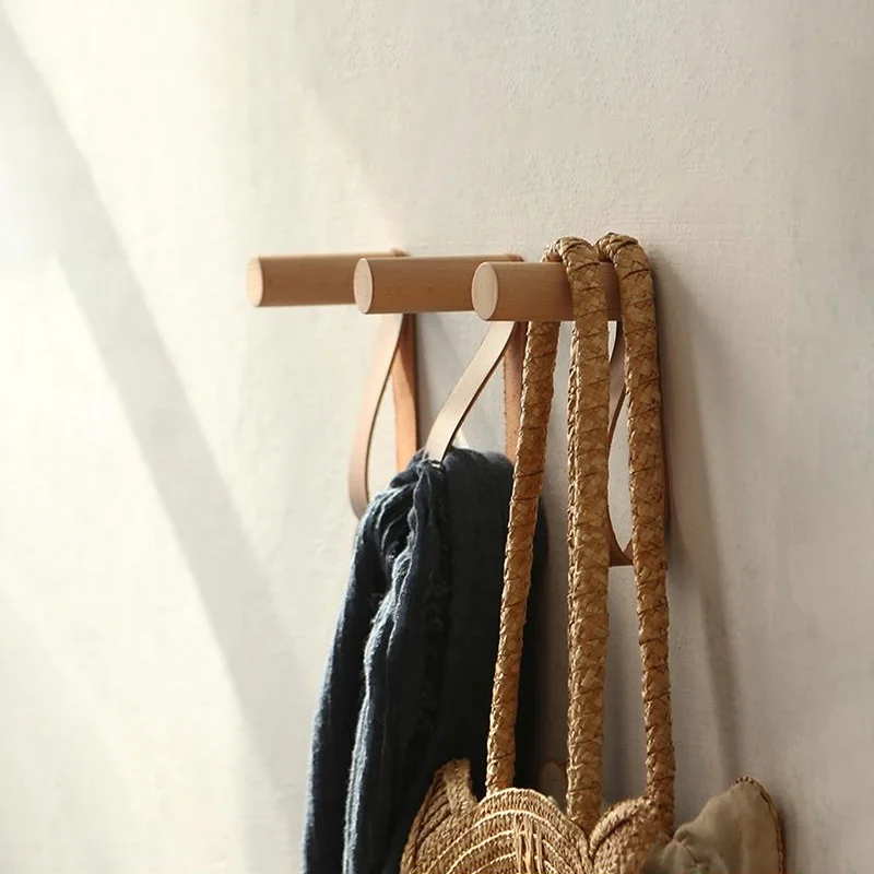 Diy Natural Wood+leather clothes Hanger Wall Mounted Coat Hook Decorative Holder Hat Scarf Handbag Storage Hanger Bathroom Rack