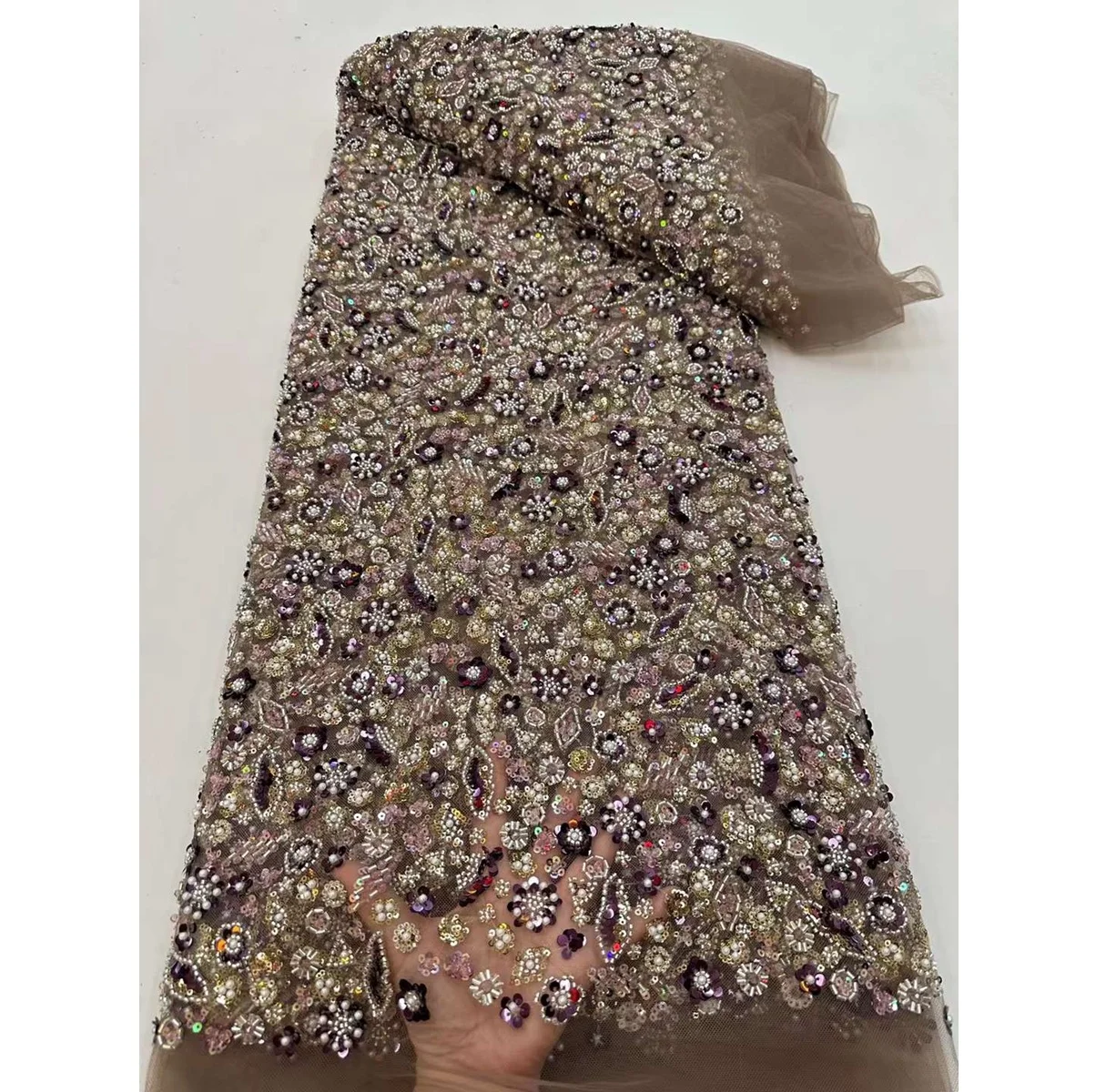 New Design Lace Fabric French Lace With Heavy Sequins And Beads Tulle Lace Fabric With Colorful Pattern For Dress