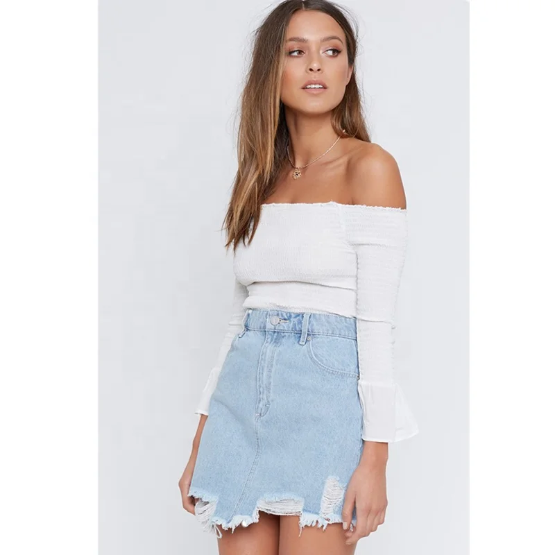 A-Line Jeans Skirt Short Ladies High Waist Casual Ripped Denim Skirt Women