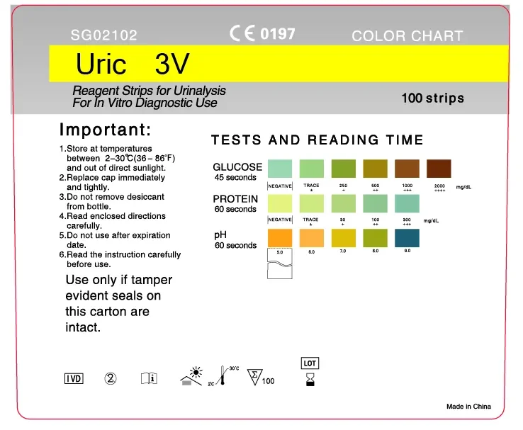 glucose pH protein Uric 3V urinalysis urine test strip
