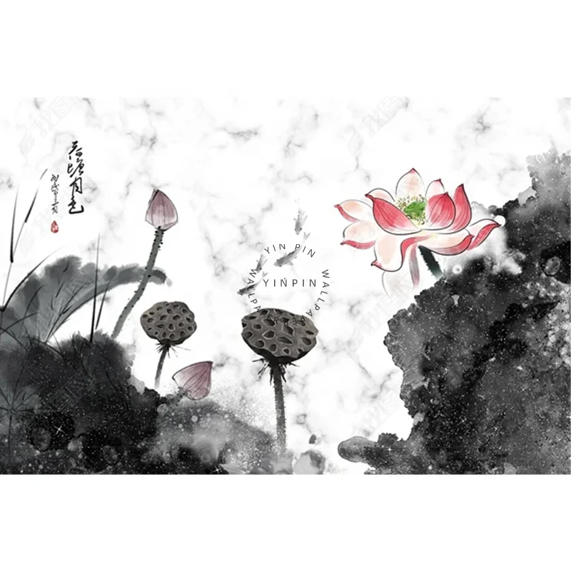 Chinese style lotus pond moonlight lotus ink painting mural vinyl wallpaper
