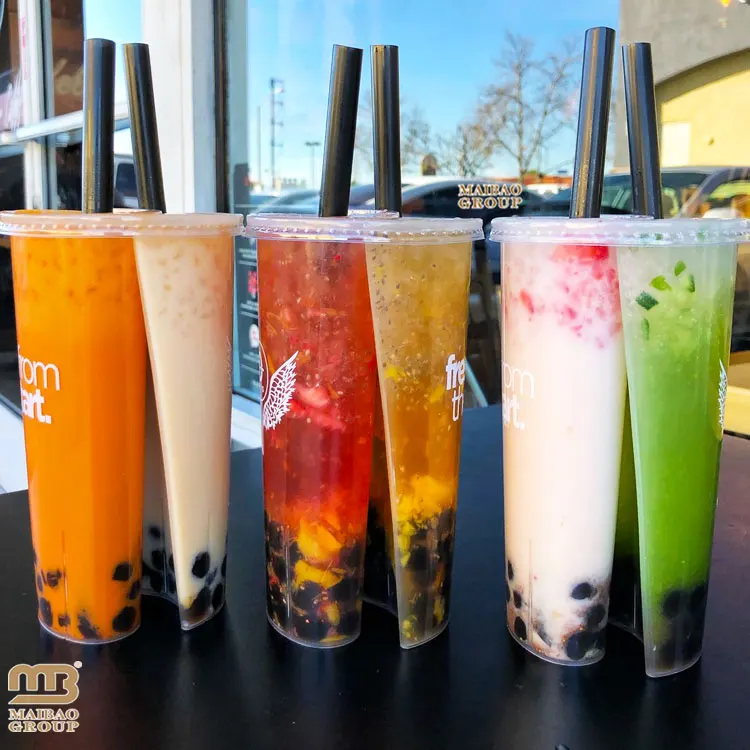 Triple Split Cup Three Compartments 700ml 24oz Disposable Double Twin Split Boba Cups Bubble Tea Drinking Tumbler With Lid Straw