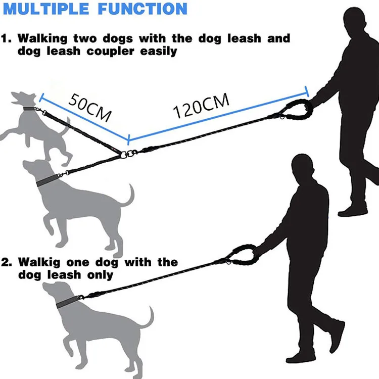Pet Double Leash Dog Walking Bungee No Tangle Nylon Reflective Dual Dog Leash for Two Dogs