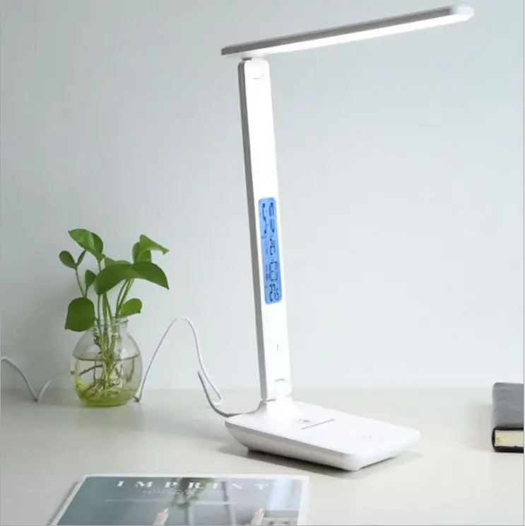 LED Desk Lamp 3Mode Lights Leather Texture USB Folding Reading Table Lamp With temperature Calendar LCD Display DC5V Black/White