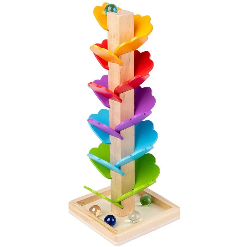
2021 Hot Selling Family Games Wooden Leaf Shape Marble Run for Kids Stem Learning in Color Box Package 