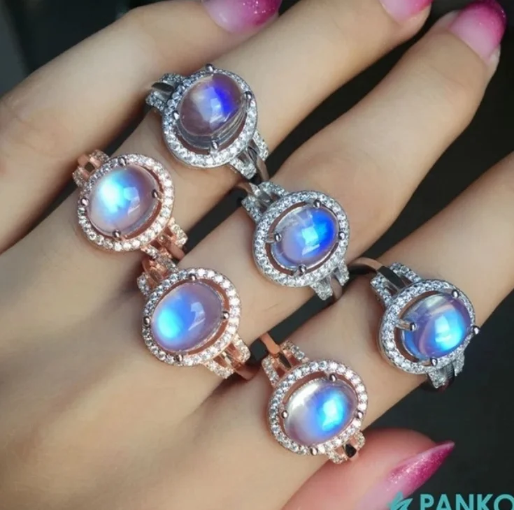 Wholesale 925 Sterling Silver Luxury Natural Blue Rainbow Moonstone Ring Jewelry for Women