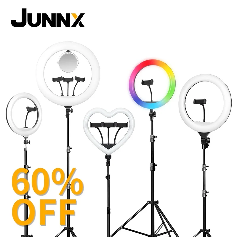 Кольцевой светильник JUNNX 6 8 11 12 13 14 16 22 дюйма, светодиодная лампа RGB с сердечками для селфи, 26 33 45 см 10 18 21, со штативом