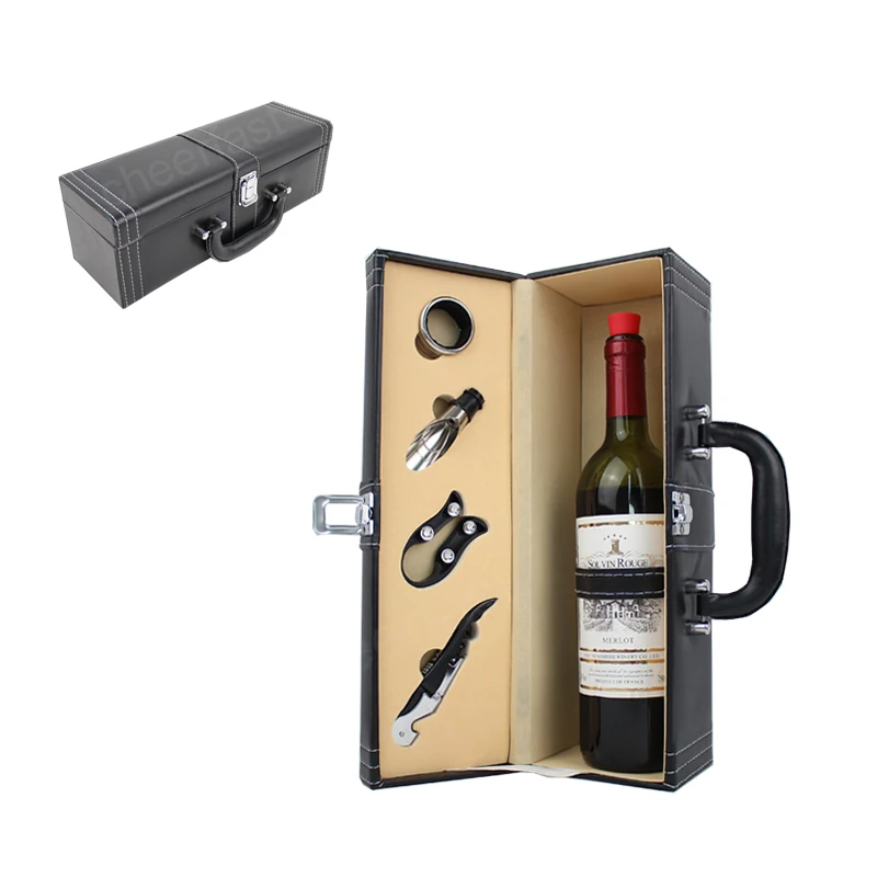 Father Day Gift 4pcs Tools Inside Wine Single Bottle Box PU Leather Premium Wine Carrier Case