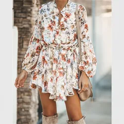 Floral strap summer dresses women ruffle pleated elegant holiday loose beach shirt mini dress boho for ladies C13076
