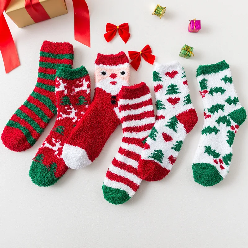 Wholesale Christmas Winter Anti Slip Indoor Holiday Thickened Cozy Soft Custom Warm Gift Floor Polyester Fluffy Fuzzy Socks