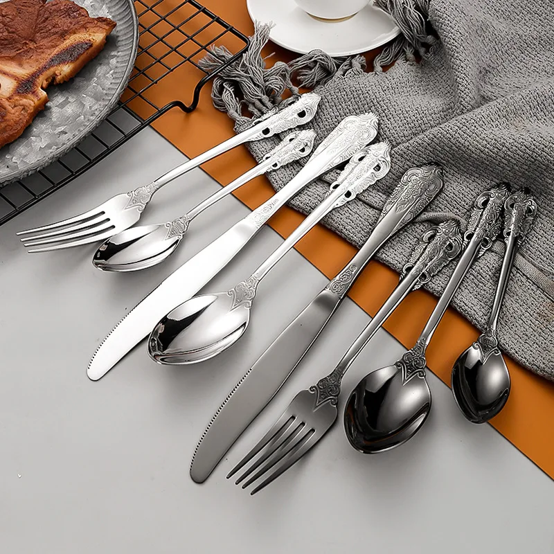 Luxury palace stainless steel retro relief cutlery 4 pcs set restaurant steak knife fork spoon silverware cutlery set