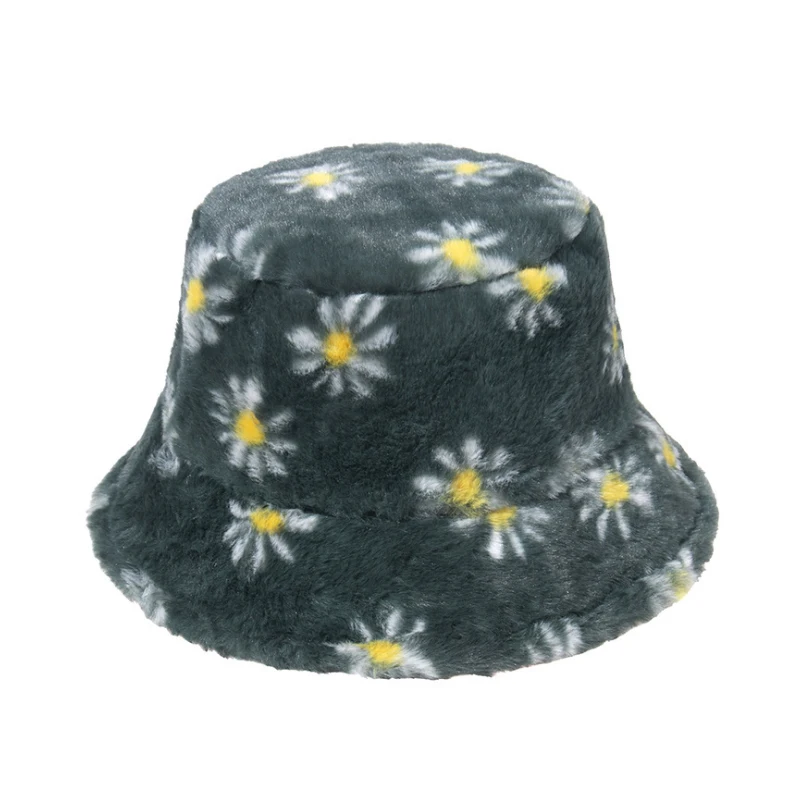 
autumn and winter retro fashion mink daisy print woman bucket hat 