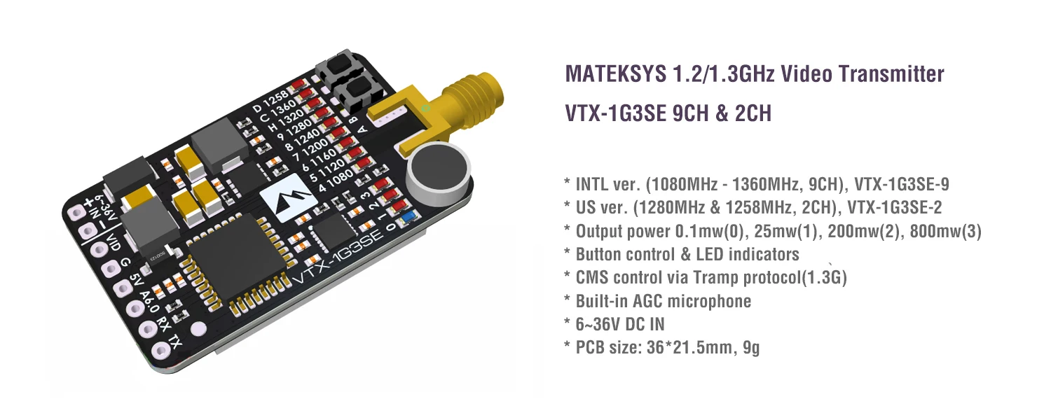 MATEK VTX-1G3SE 1.2GHz 1.3GHz 9CH 0.1mW 25mW 200mW 800mW Video Transmitter VTX 6-36V for RC Airplane FPV Long Range DIY Parts