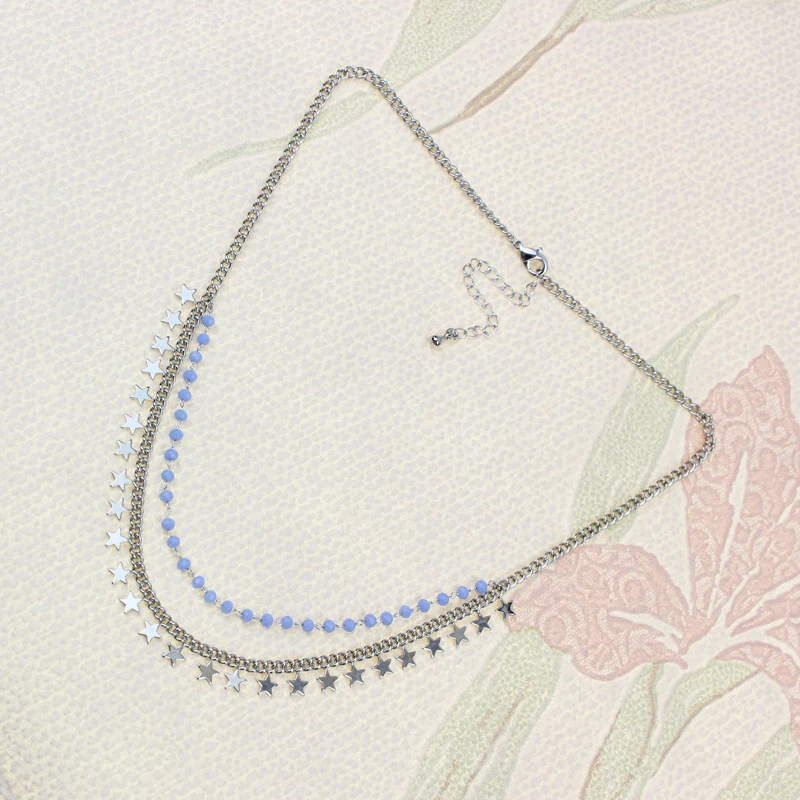 YiWu Supplier New Style Fashion Multi-Layer Beaded Cuban Chain and Star Drop Pendant Custom LOGO Necklace for Women Wholesale