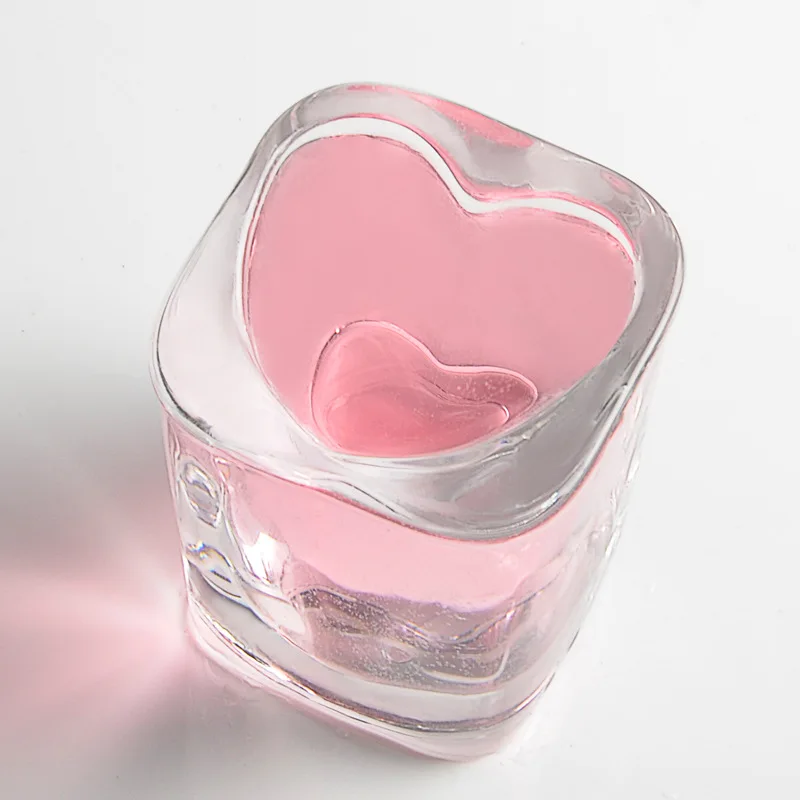 Factory wholesale thickened transparent glass square bottom heart shape liquor cup set whiskey glass