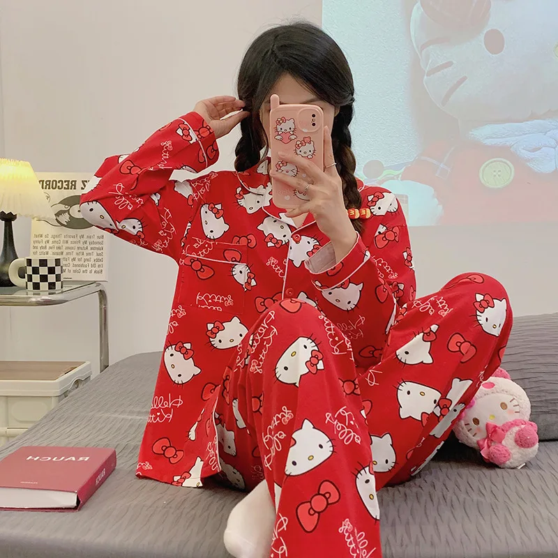 Cute Hello Kitty Pajamas for Women Spring and Autumn Japanese Cartoon Home Clothes