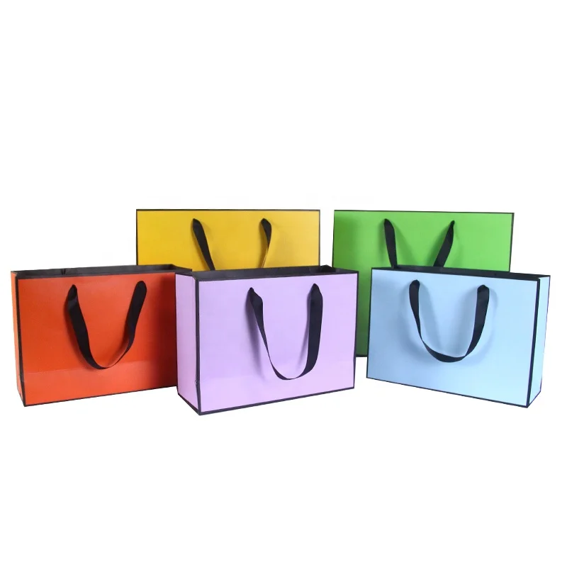 free sample small quantity customized gold foil paper bag Colorful plain art paper bag with ribbon handle