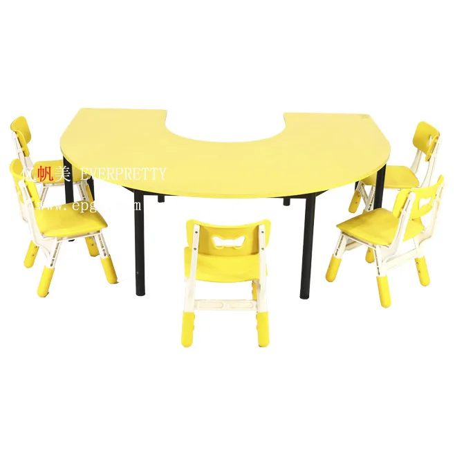 Modern Design Durable Cute Round Edge Safe Kindergarten Furniture Plastic Children Table and Chairs for Six Kids